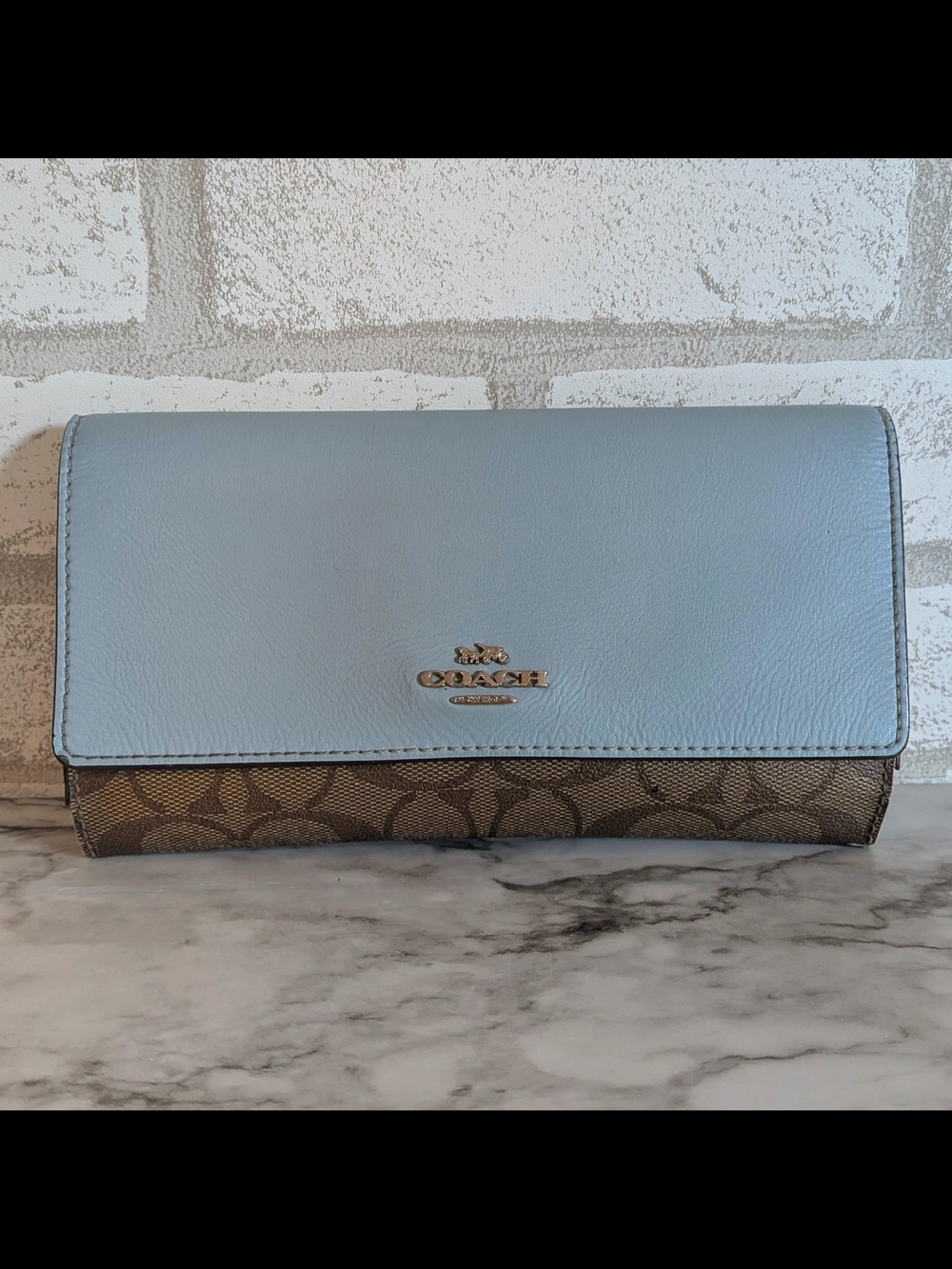 Coach Light Blue Leather & Signature Brown Continental Wallet